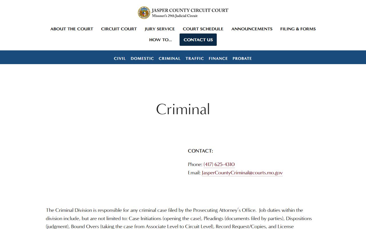 Jasper County court records after jail arrest criminal division page