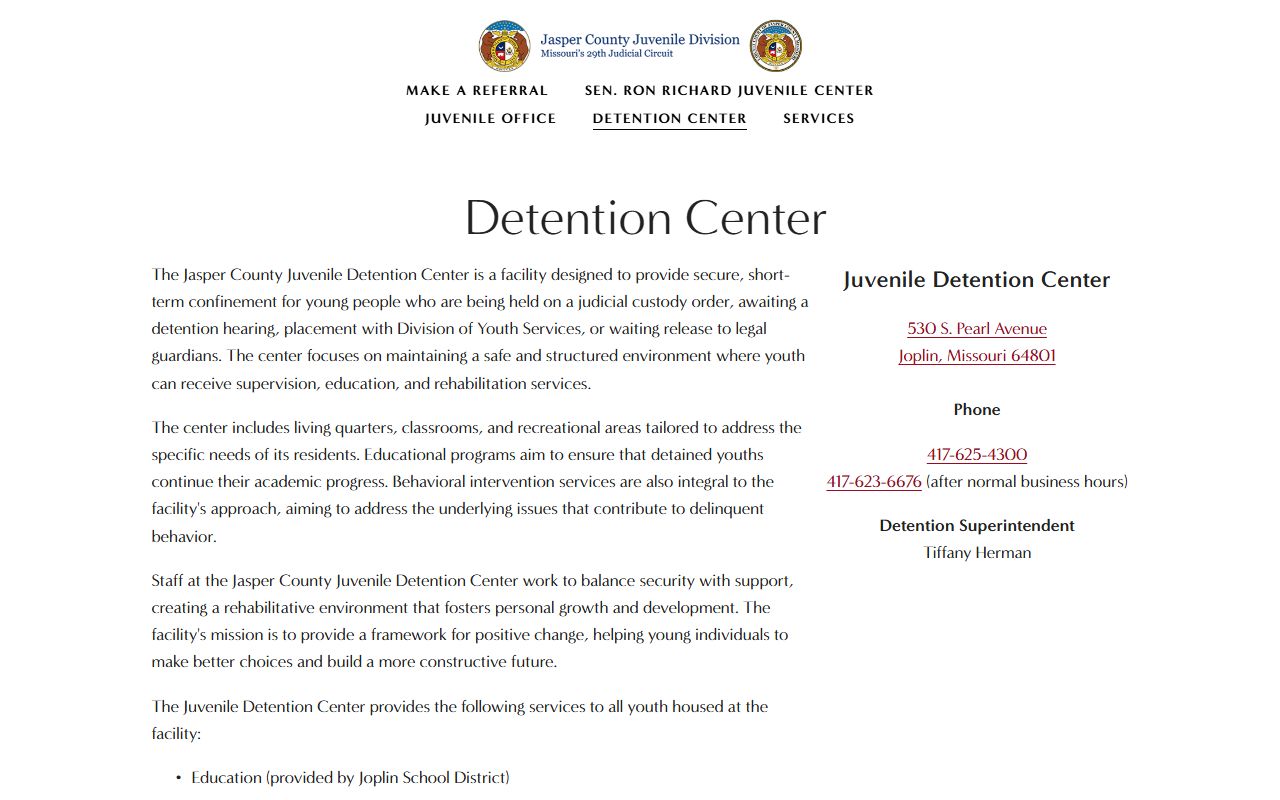 Sen. Ron Richard Juvenile Center Jasper County juvenile detention custody overview