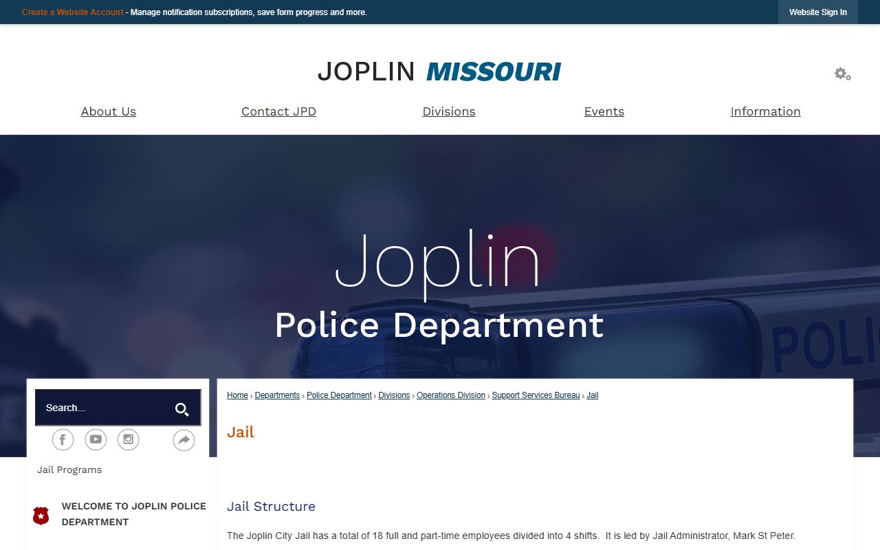 Joplin City Jail roster search facility page in Jasper County
